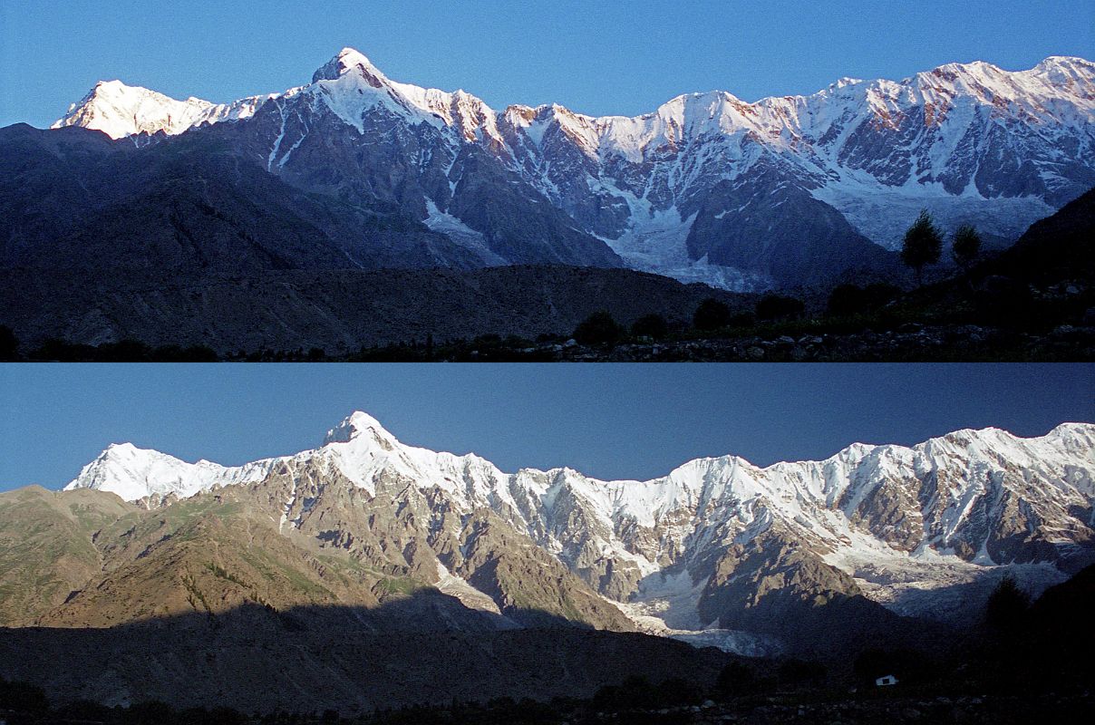 11 Ridge From Nanga Parbat To Rakhiot Peak To Chongra Peak From Tarashing At Sunrise Gunther Messners diary May 15, 1970: The day dawns bright and cloudless. For the first time I see Nanga and Chongra Peak from the south: the impression is overwhelming. Huge hanging glaciers, terrifying precipices, furrowed by avalanches. Right over to the left is the summit of Nanga! (The Naked Mountain by Reinhold Messner)